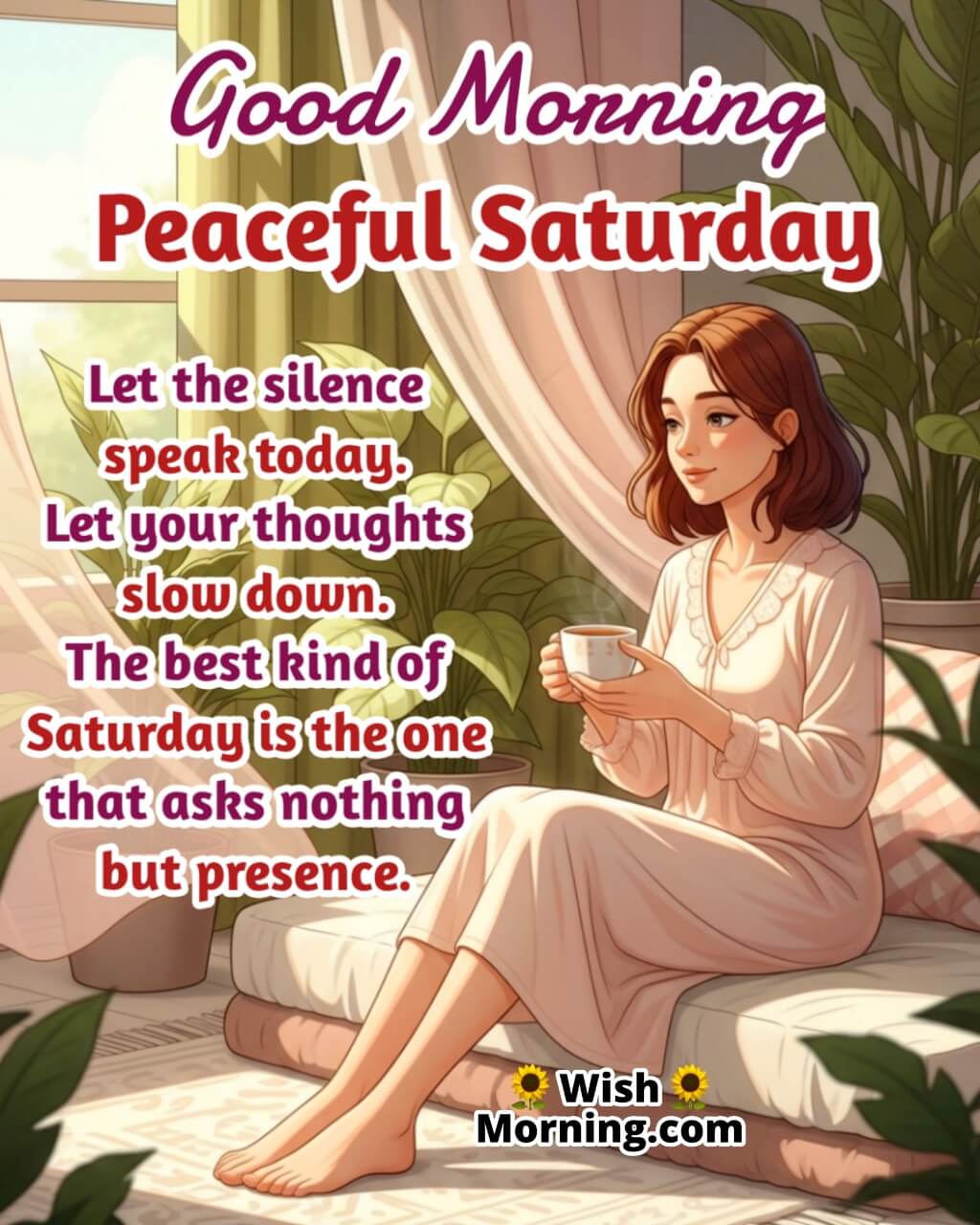 Peaceful Saturday Morning Quote image featuring a relaxed woman with tea near a window and soft curtains, symbolizing calm, slowness, and soulful presence.