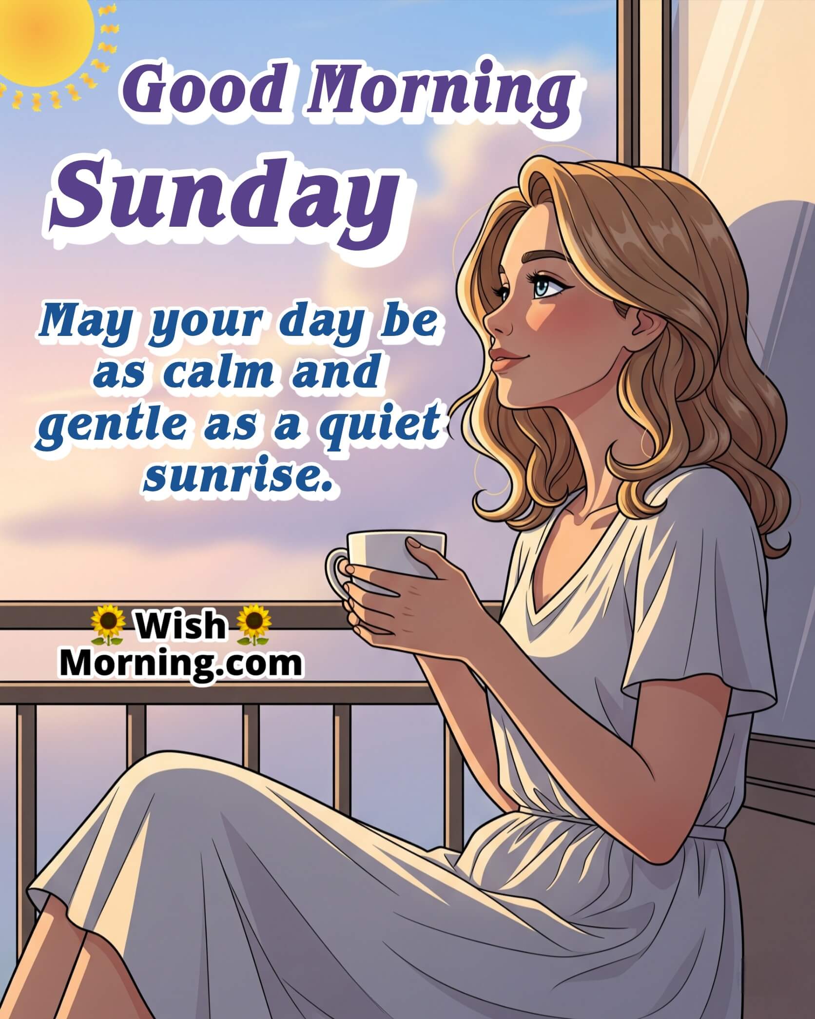 Peaceful Sunday Morning Wish featuring a person relaxing on a balcony with a clear sunrise, symbolizing a calm and gentle start to the day.