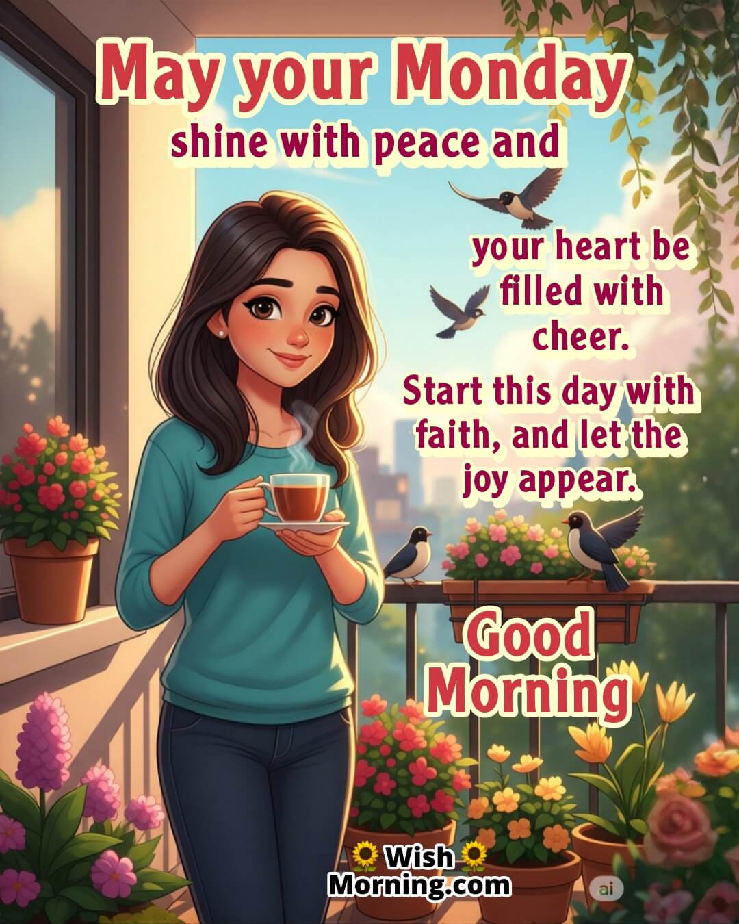 Positive Monday Morning Wish featuring a cheerful woman on a balcony with morning tea, symbolizing a peaceful and faith-filled start to the day.