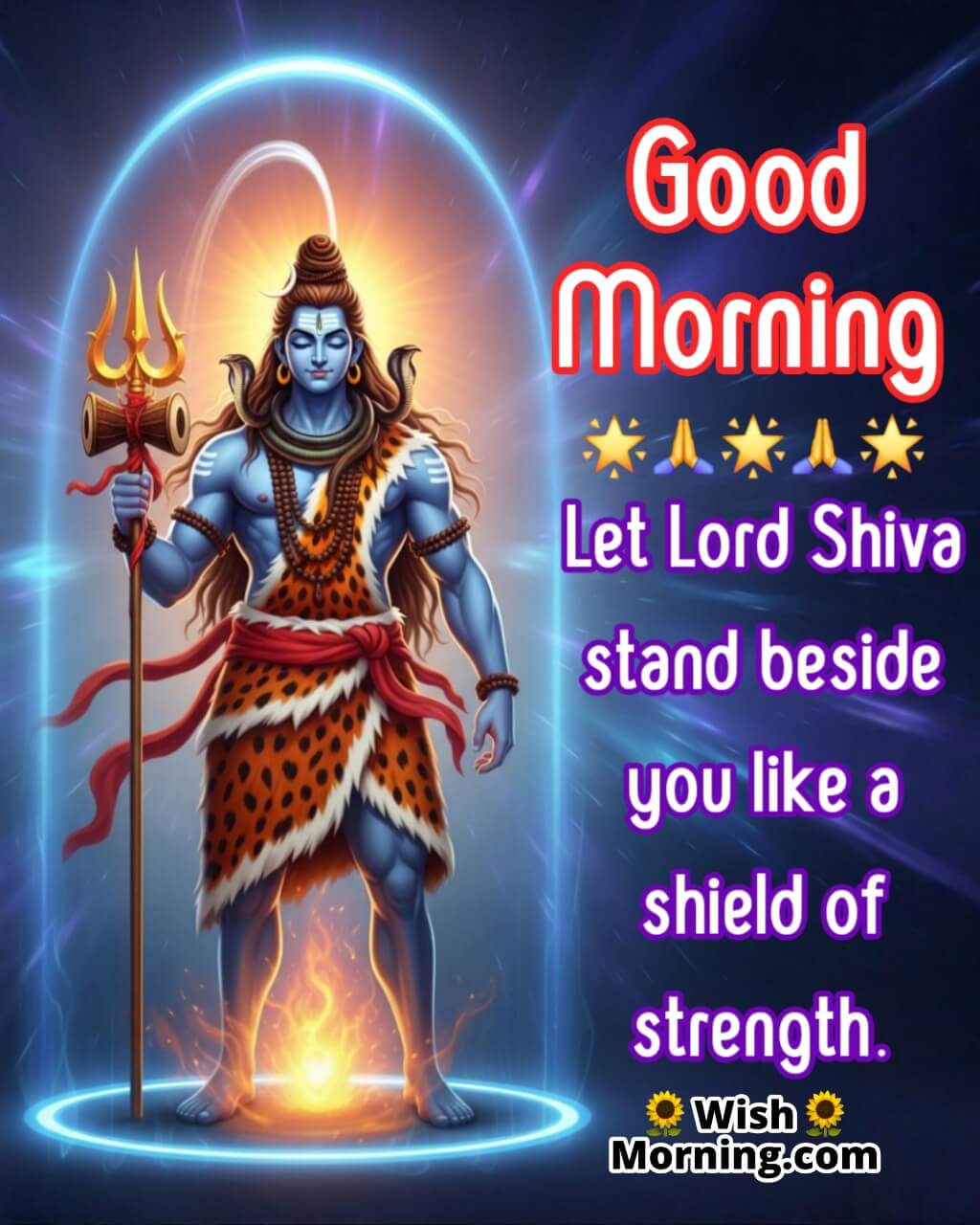 Protective Good Morning Shiva Message featuring Shiva standing with Trishul in divine aura, symbolizing strength and protection