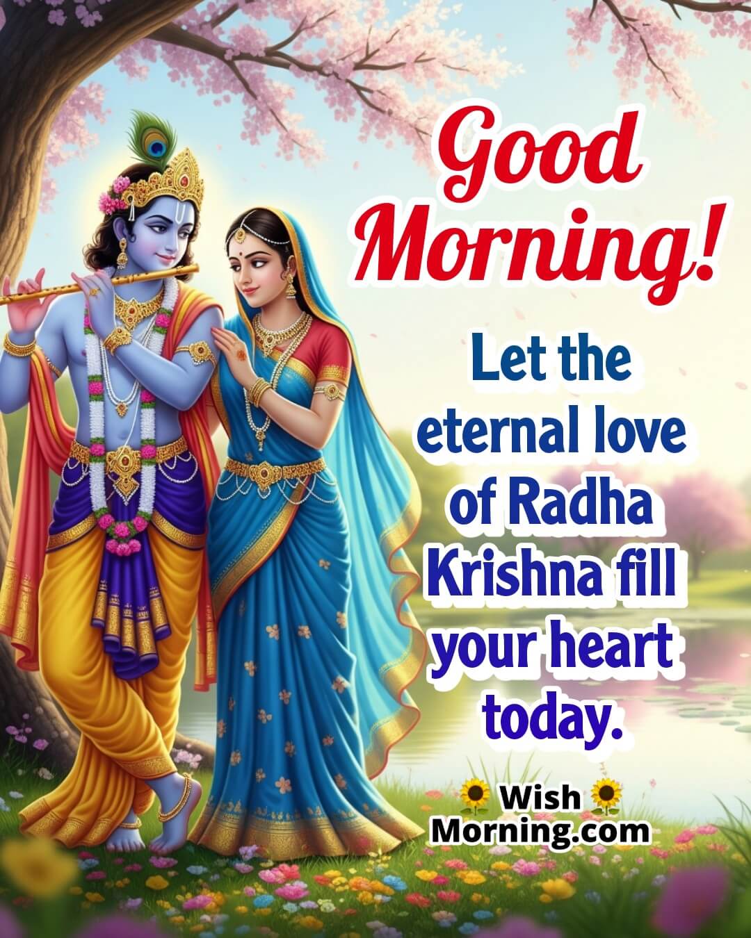Good Morning image of Radha and Krishna under a kadamba tree in a garden, symbolizing eternal love and peaceful companionship.