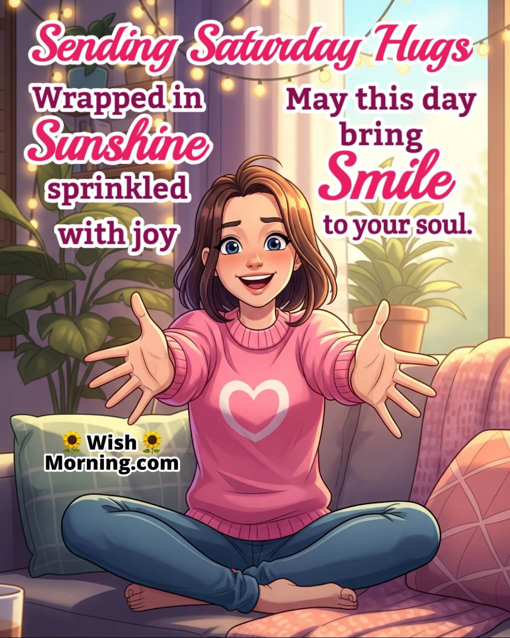Saturday Morning Quote With Saturday Morning Quote image featuring a cheerful woman sending a virtual hug symbolizing warmth, hugs, and joyful connection. Hugs