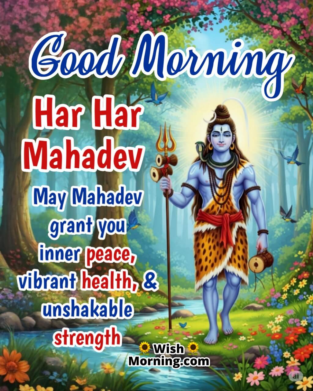 Shiva Morning Blessing Message featuring Mahadev in nature with calm aura, symbolizing health, inner peace, and spiritual strength