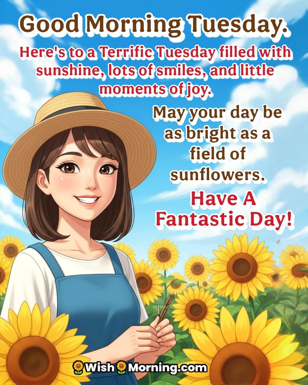 Simple & Cheerful Tuesday Greetings featuring A person smiles brightly in a field of sunflowers, symbolizing a day filled with sunshine, joy, and happiness.