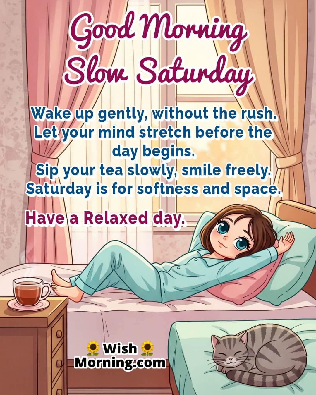 Slow Saturday image featuring a cartoon girl stretching on a cozy bed by a sunlit window, symbolizing a gentle and unrushed morning.