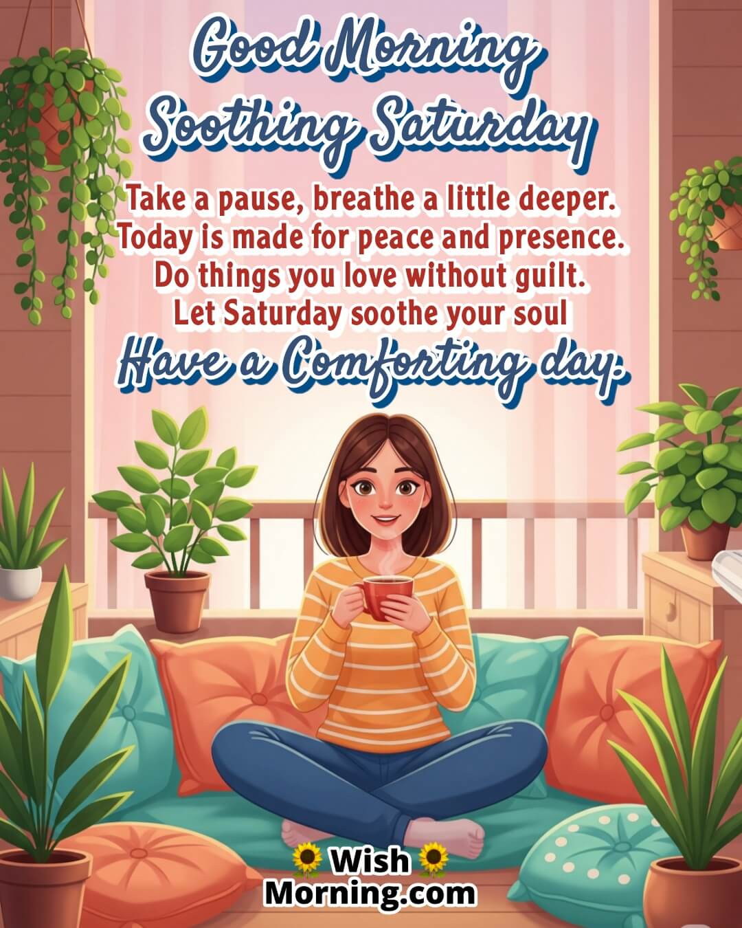 Soothing Saturday image featuring a cartoon woman relaxing in cozy sunlight with tea, symbolizing peace and gentle weekend moments.
