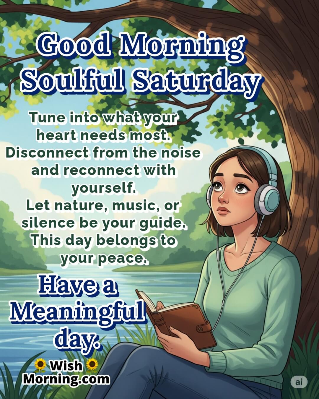 Soulful Saturday image featuring a cartoon girl sitting quietly by a lake in nature, symbolizing peace, reflection, and inner calm.