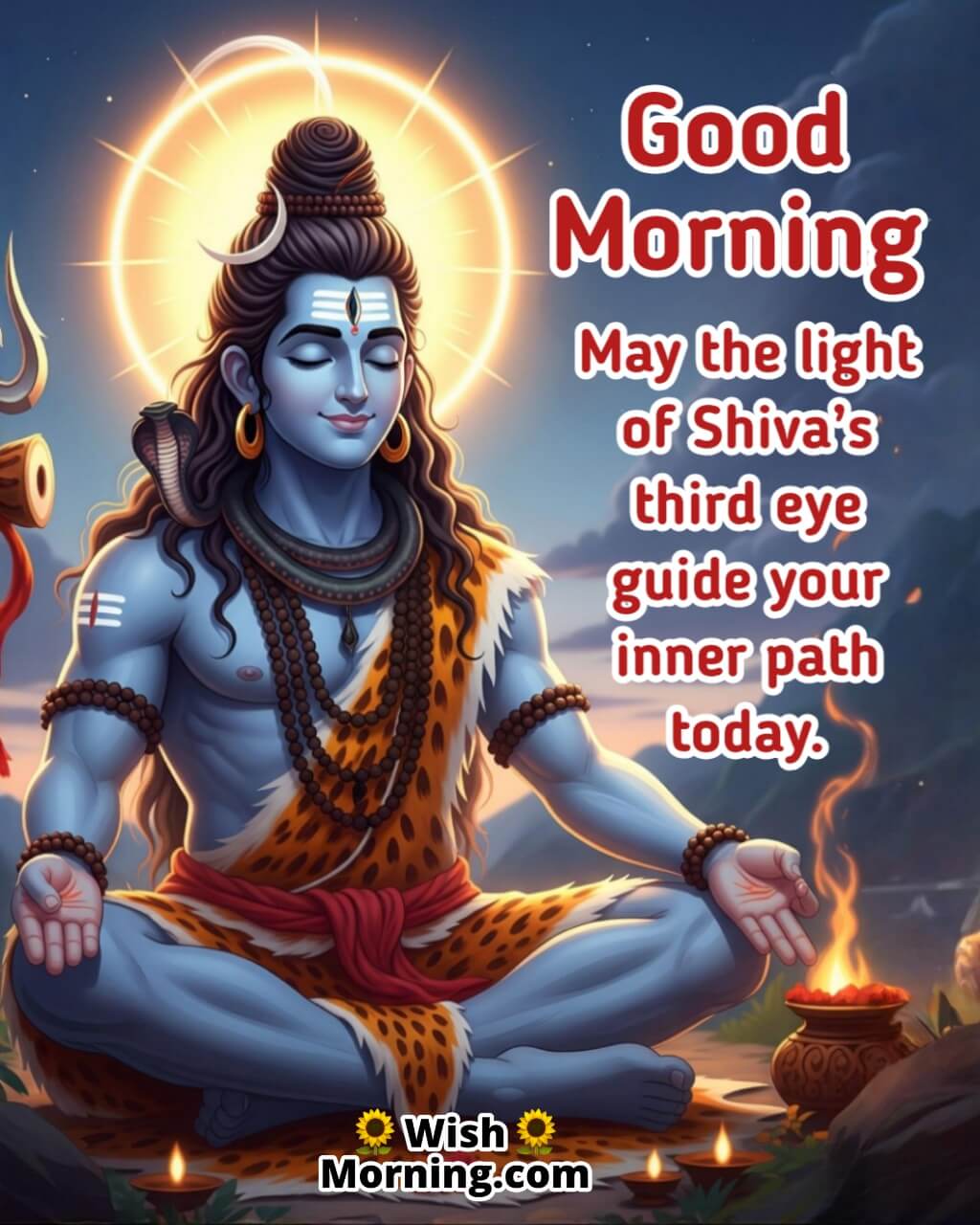 Spiritual Good Morning Shiva Message featuring glowing third eye of Mahadev in meditation, symbolizing inner guidance and awakening