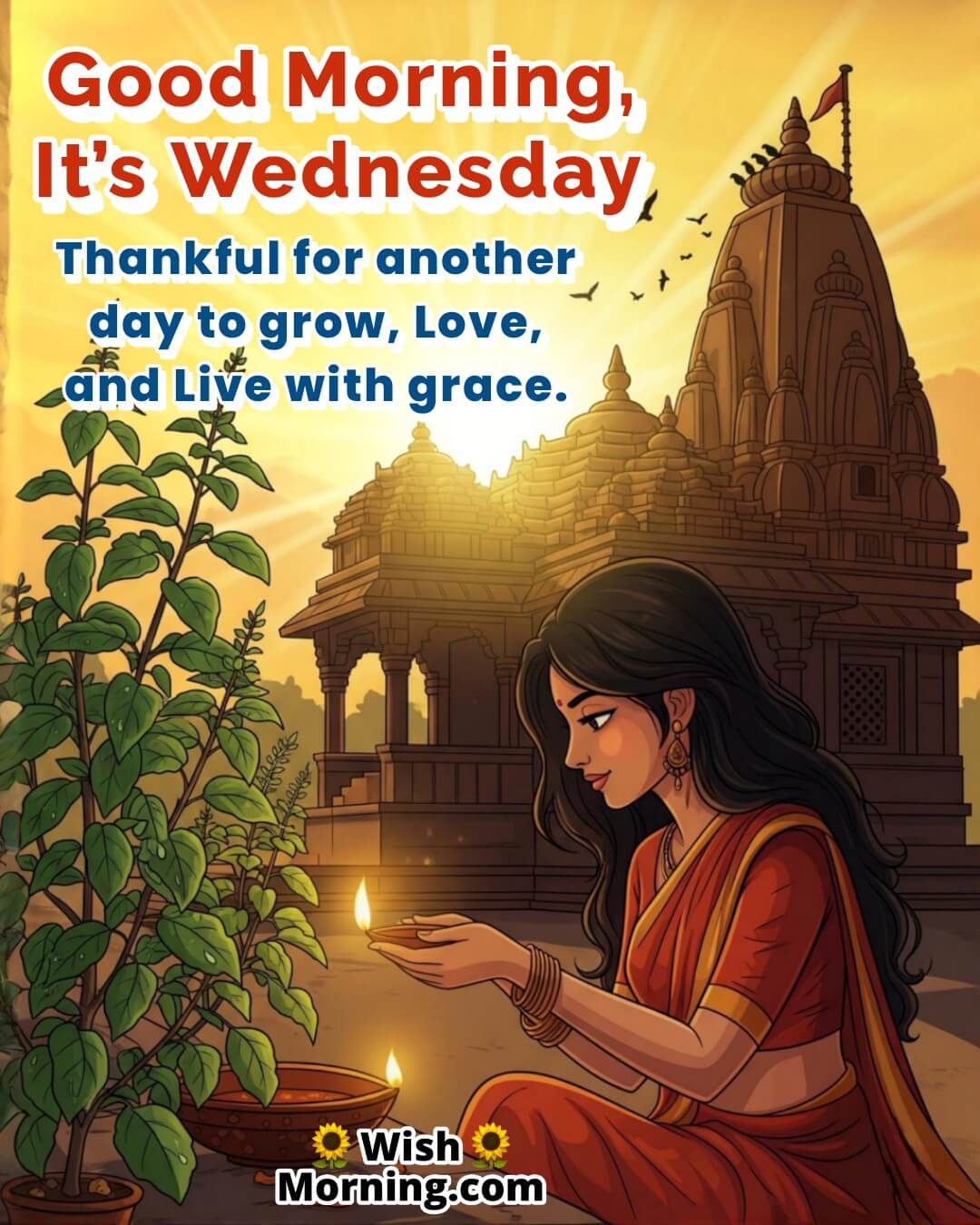 Spiritual Good Morning Wednesday Blessings Pic featuring village temple, glowing sunrise, diya near Tulsi plant, and serene mood symbolising gratitude and divine peace.