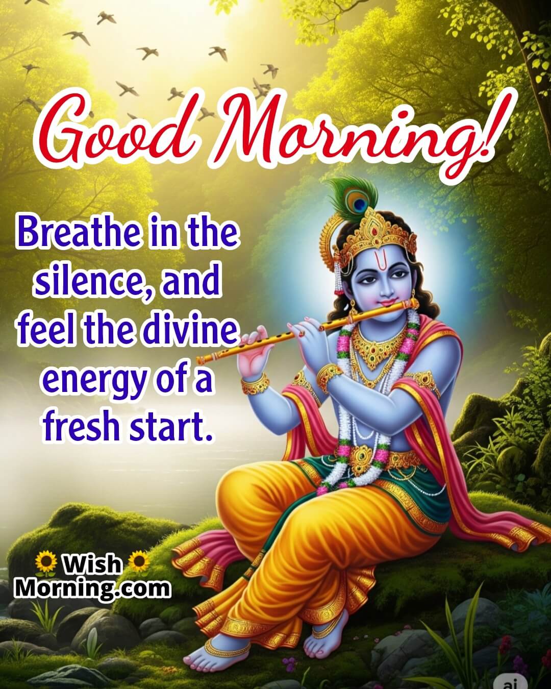 Spiritual Krishna Good Morning image at sunrise with Krishna playing flute by a peaceful riverside, symbolizing divine silence and fresh spiritual energy.