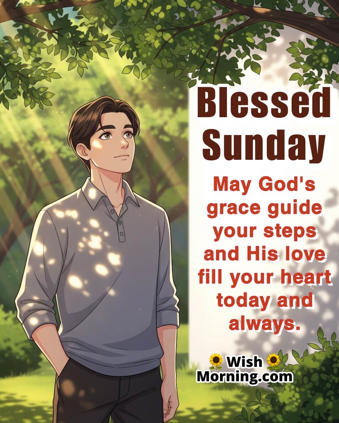 Spiritual Sunday Morning Blessing Message featuring a person in a sunlit garden, symbolizing a spiritual moment of guidance and love on a Sunday morning.