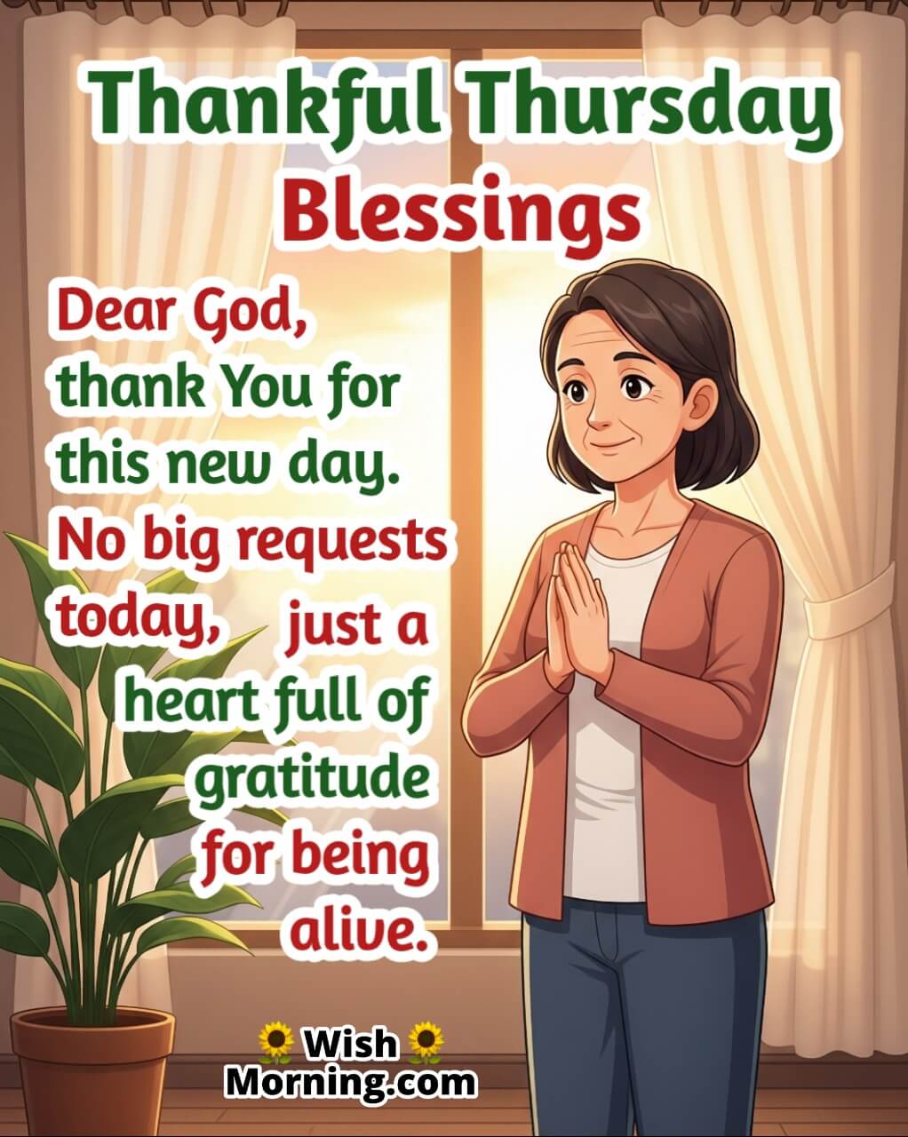 Spiritual Thankful Thursday Blessing image featuring a person praying quietly by a window symbolizing faith and heartfelt devotion.
