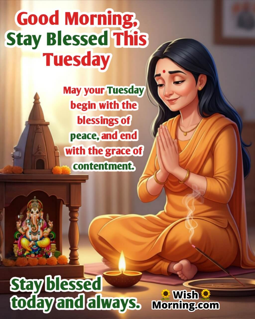 Spiritual Tuesday Morning Blessing Wish featuring woman sitting near home mandir with diya glow, symbolizing inner peace and devotion.