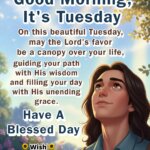 Spiritual Tuesday Morning Wish featuring A person stands peacefully under a glowing canopy of light in a sunlit garden, symbolizing divine protection and guidance.