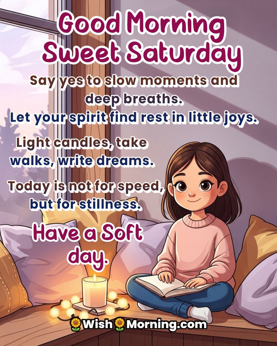 Sweet Saturday image featuring a cartoon girl relaxing by candlelight with a journal, symbolizing stillness, warmth, and weekend comfort.