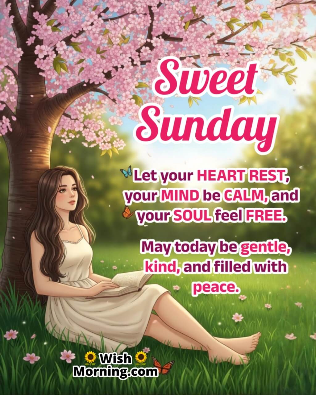 Sweet Sunday Peaceful Wish Image featuring a woman under a flowering tree with butterflies and soft morning light symbolizing calm, rest, and peaceful energy.