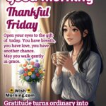 Thankful Friday Good Morning Wish image featuring a calm woman by the window holding a warm drink, symbolizing inner peace and grateful presence.