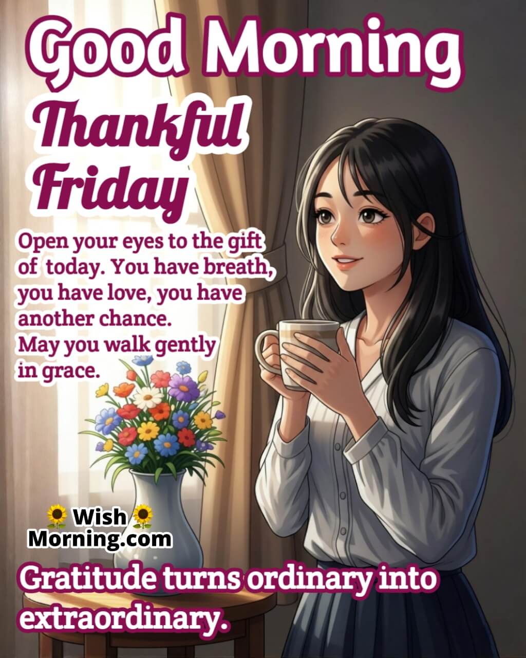 Thankful Friday Good Morning Wish image featuring a calm woman by the window holding a warm drink, symbolizing inner peace and grateful presence.