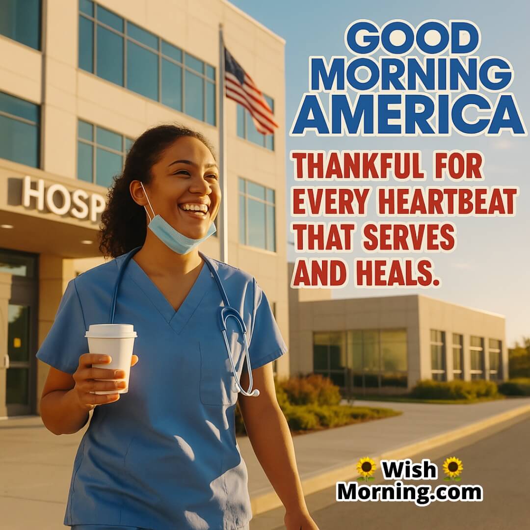 Thankful Good Morning America image featuring nurse outside hospital, symbolizing care and national service.