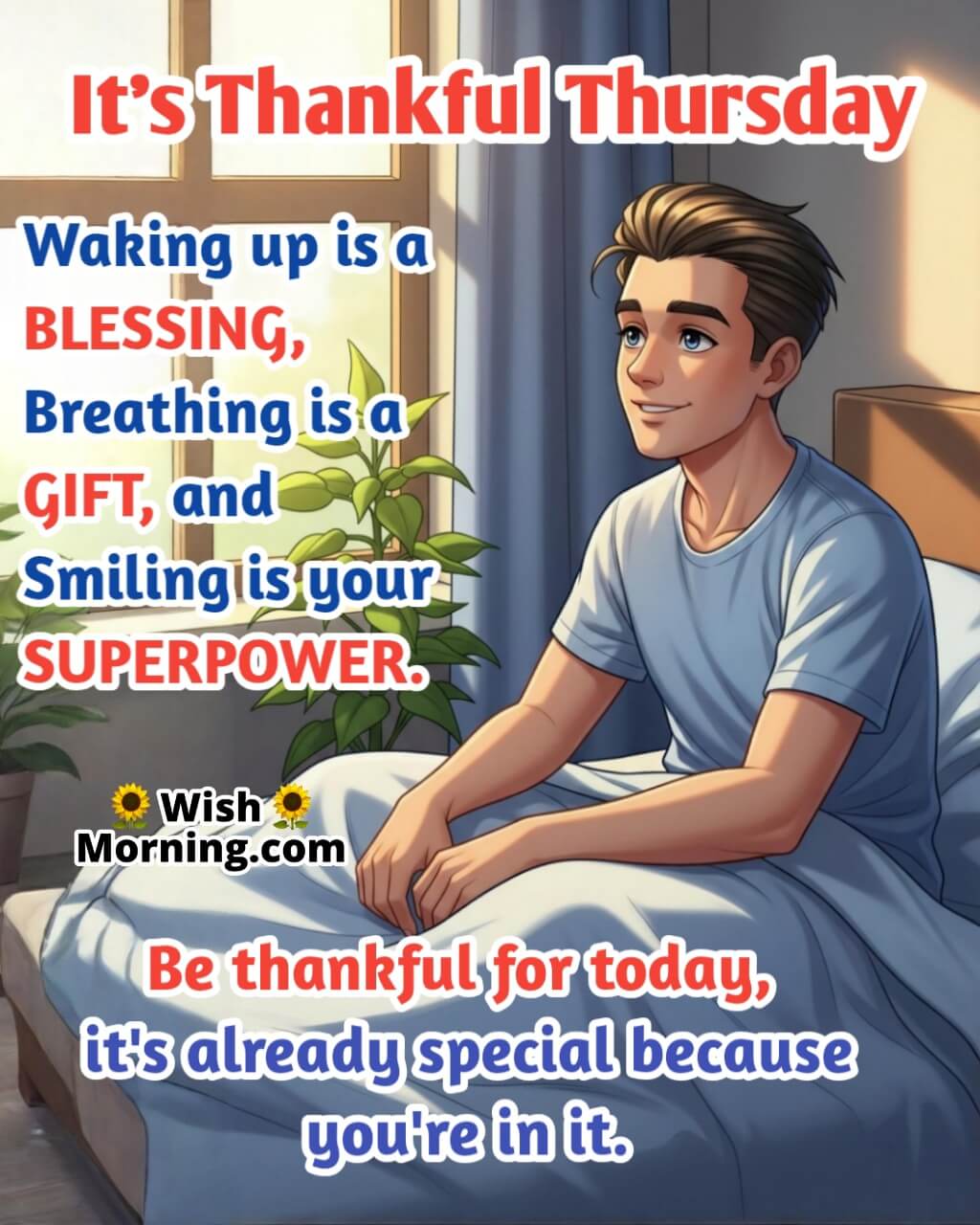Thankful Thursday Morning Blessing image featuring a person waking up peacefully symbolizing gratitude and the joy of being alive.