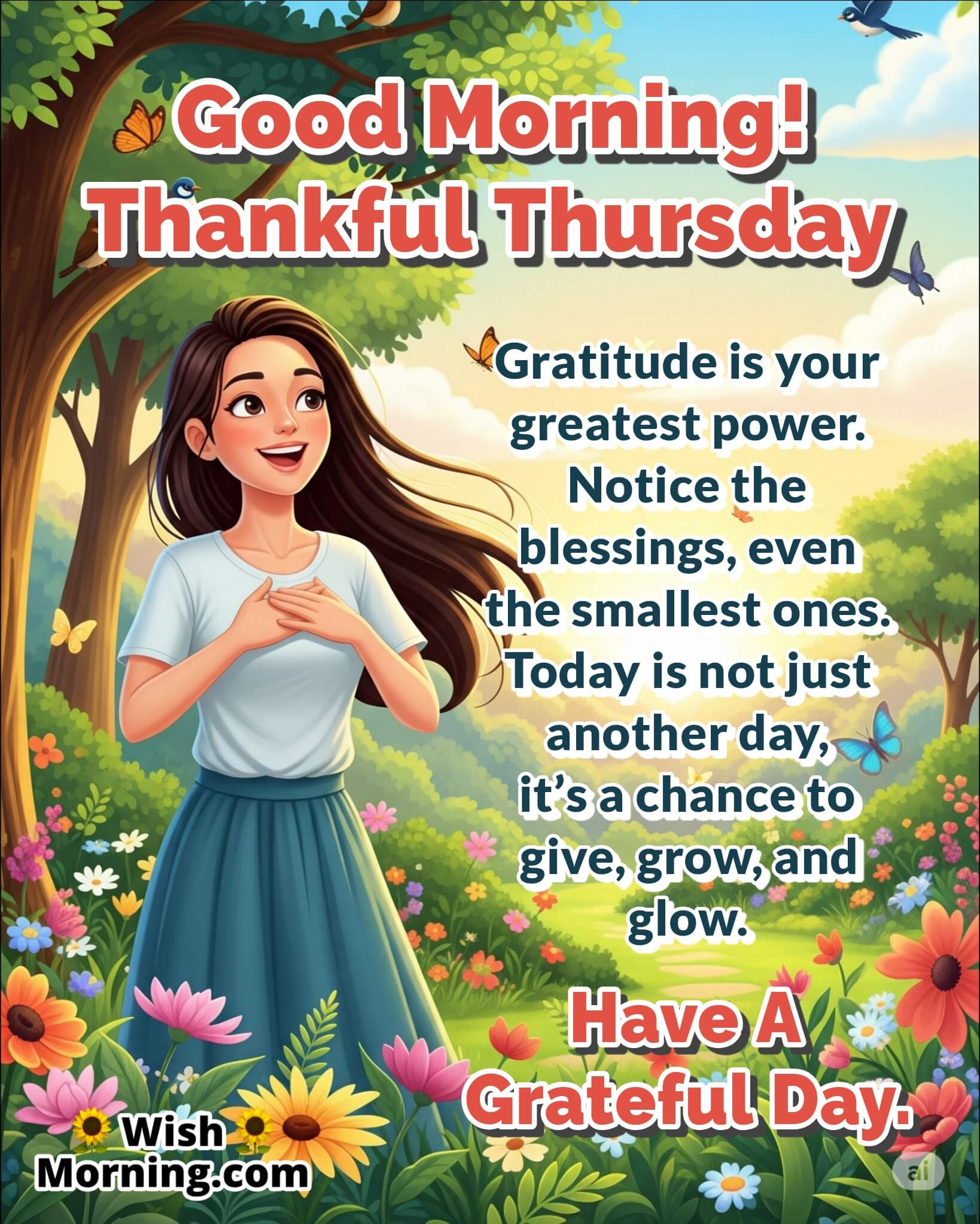 Thankful Thursday morning with a woman expressing gratitude in a blooming garden, symbolizing joy and natural blessings.