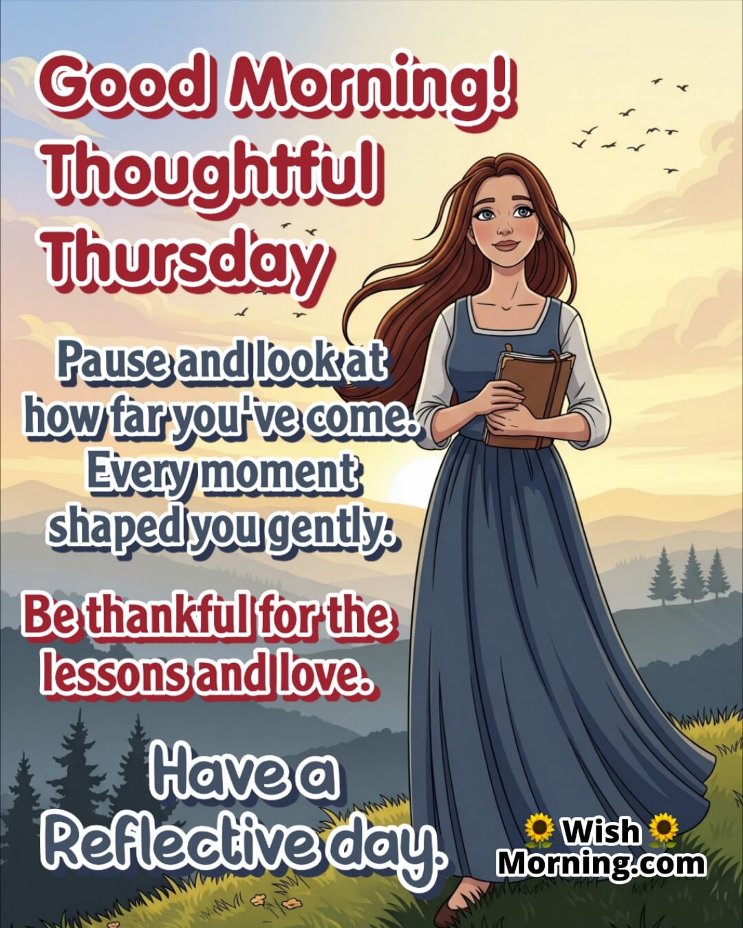 Thoughtful Thursday cartoon morning with a woman holding a journal at sunrise, symbolizing peaceful growth and self-reflection.