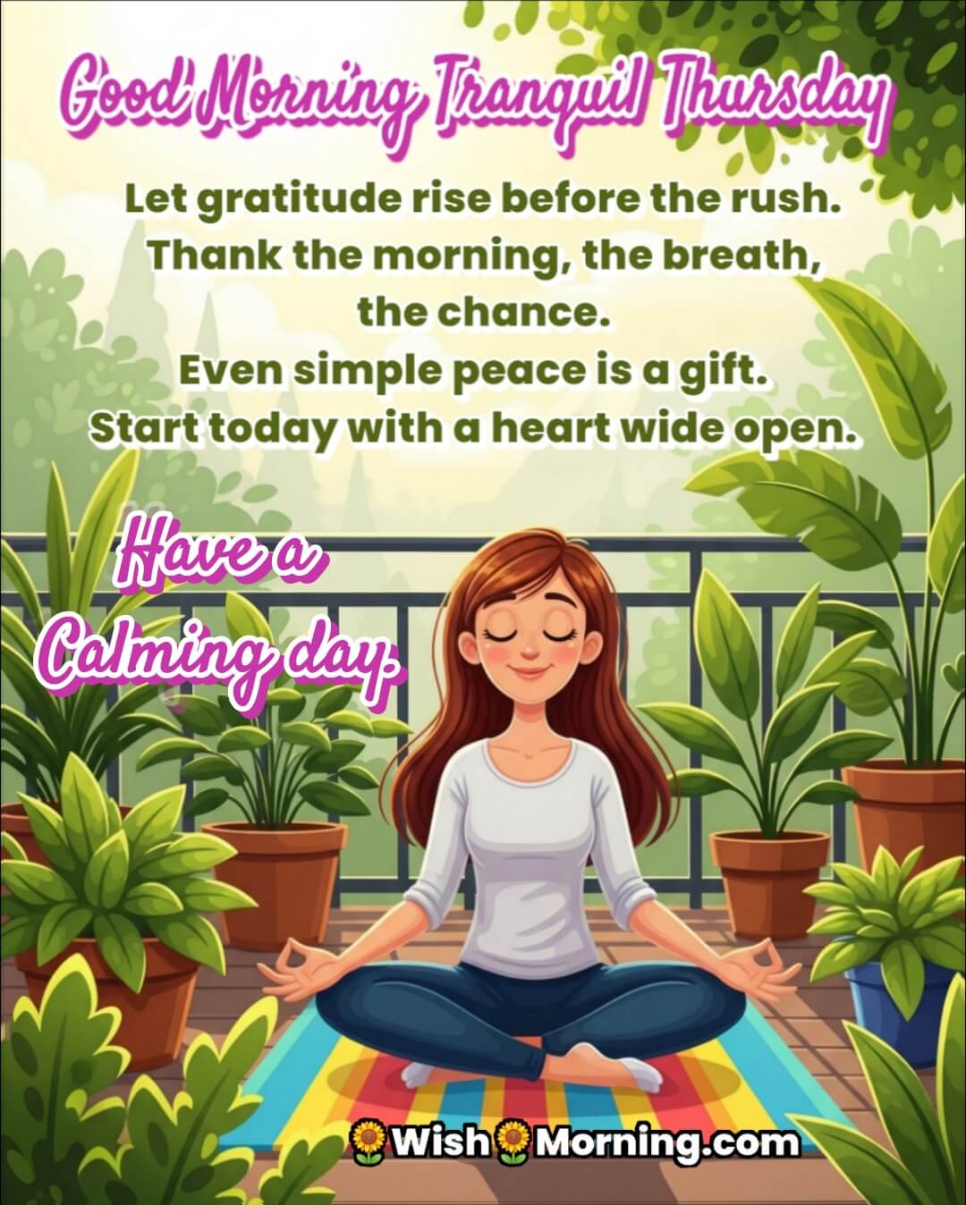 Tranquil Thursday morning with a peaceful woman meditating outdoors, symbolizing gratitude, calm, and mindful joy.