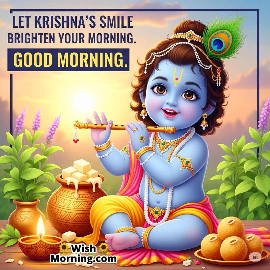 Good Morning Krishna Janmashtami image featuring Krishna with ladoos and tulsi plants, symbolizing joy and blessings