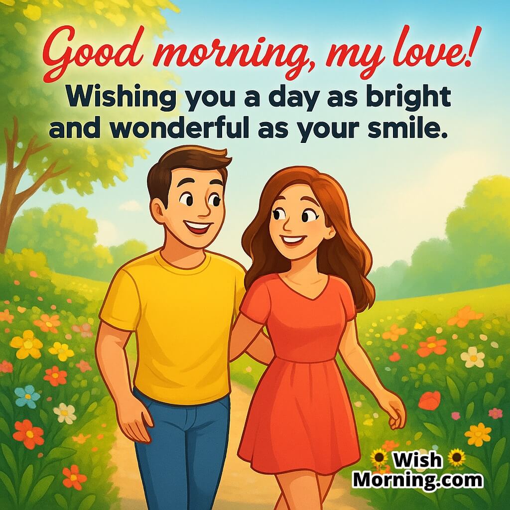 Bright Morning Wish for My Love featuring a couple walking in a garden at sunrise, symbolizing love and freshness.