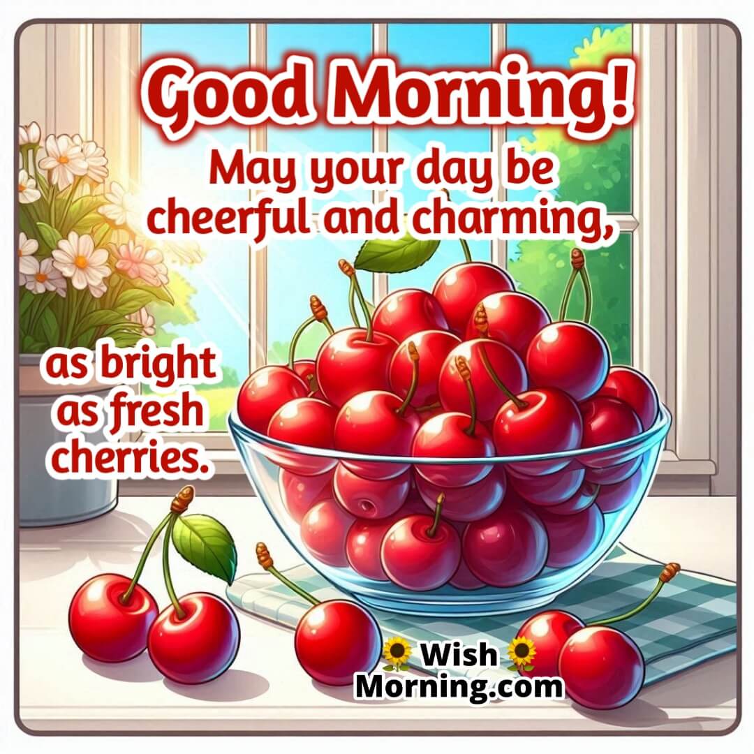 Good Morning Cherry Image – fresh red cherries in a bowl with morning beam, symbol of charm, cheer, and bright start.