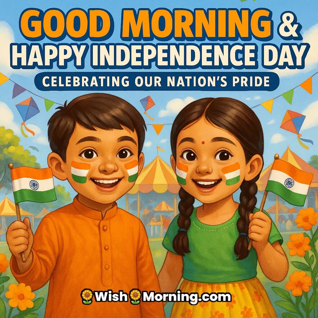 Cheerful Good Morning Happy Independence Day image featuring a boy and girl with tricolor face paint holding flags at a festive morning fair, symbolizing joy and national pride