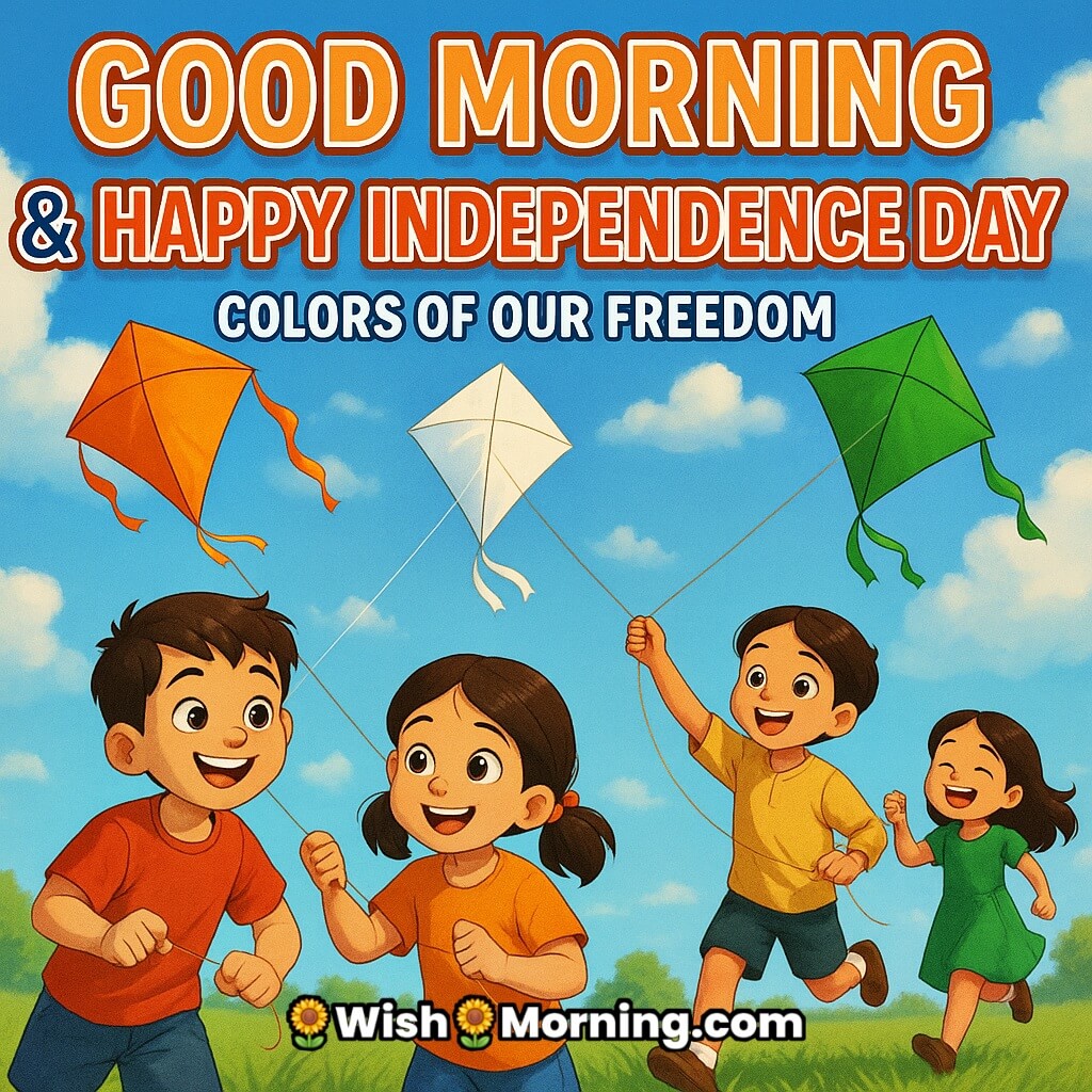 Colorful Good Morning Happy Independence Day image featuring children flying saffron, white, and green kites under a clear blue morning sky, symbolizing joy and the colors of freedom