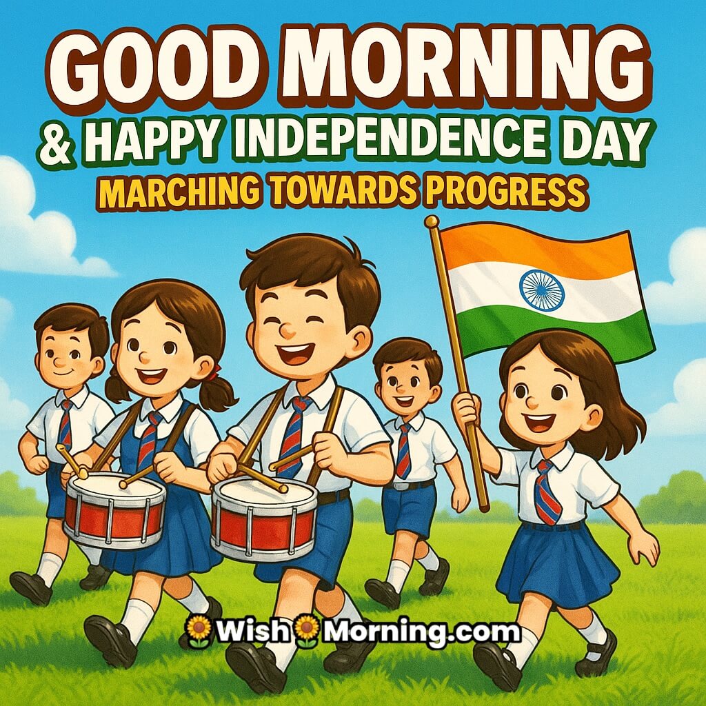Energetic Good Morning Happy Independence Day image featuring school children marching in a parade with drums and Indian flags under bright morning light, symbolizing progress and celebration