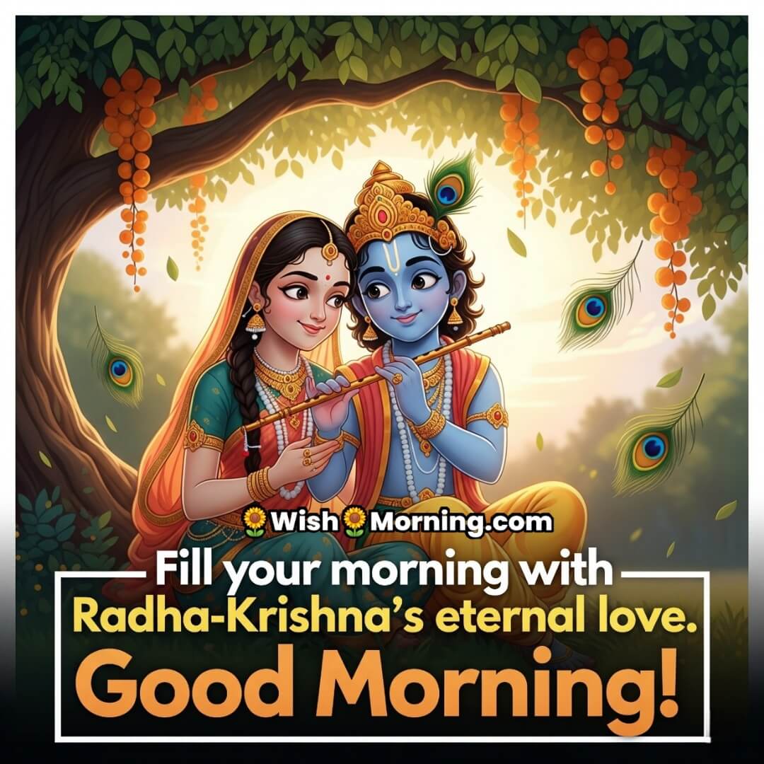 Good Morning Krishna Janmashtami image featuring Radha and Krishna under a kadamba tree with morning light, symbolizing love and devotion
