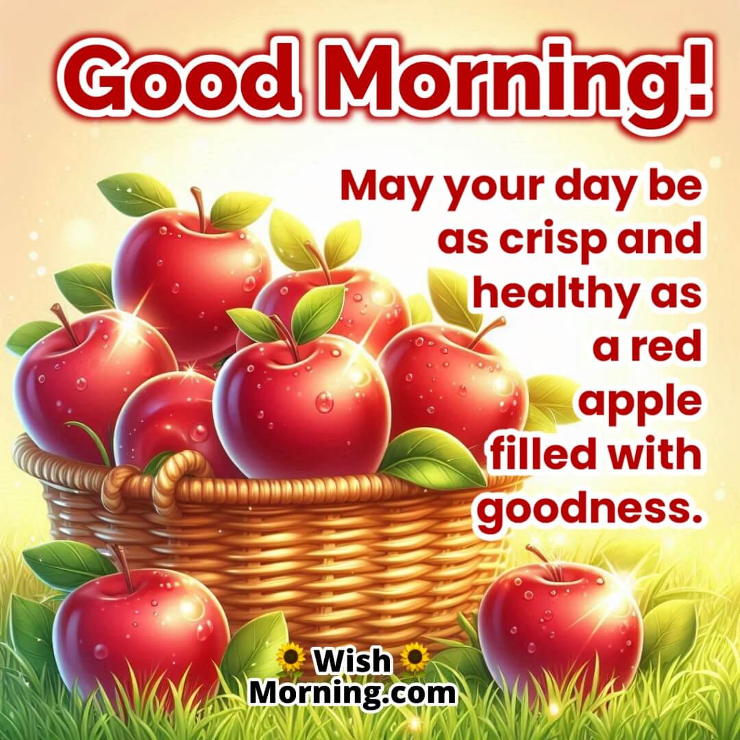 Good Morning Apple Image – shiny red apples in basket on green grass, symbol of health, vitality, and crisp freshness.