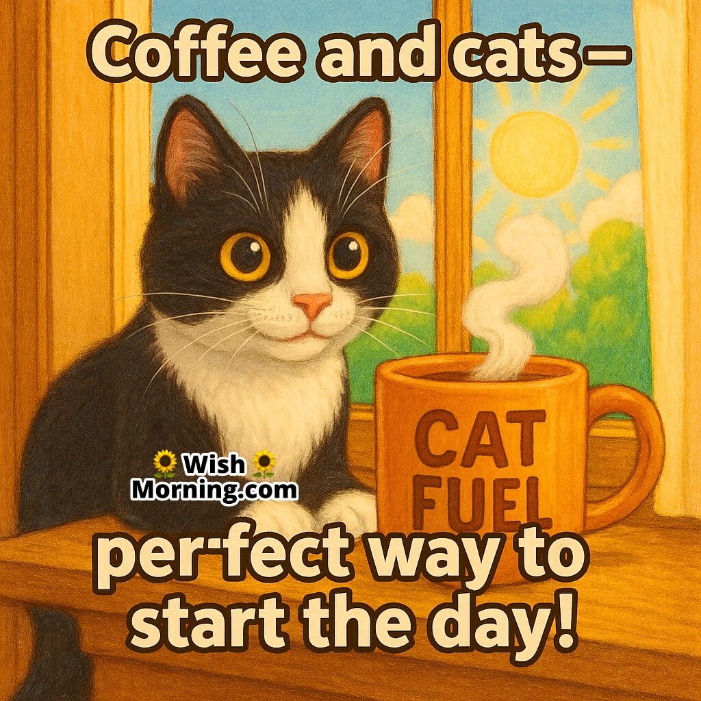 Good Morning image featuring a black-and-white cat beside a steaming coffee mug, symbolizing calm focus and cozy starts