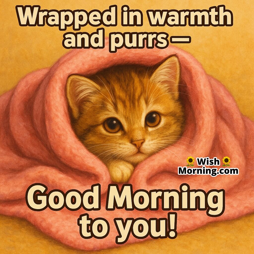 Good Morning image featuring a kitten snuggled in a soft blanket with sleepy eyes, symbolizing comfort and morning calm