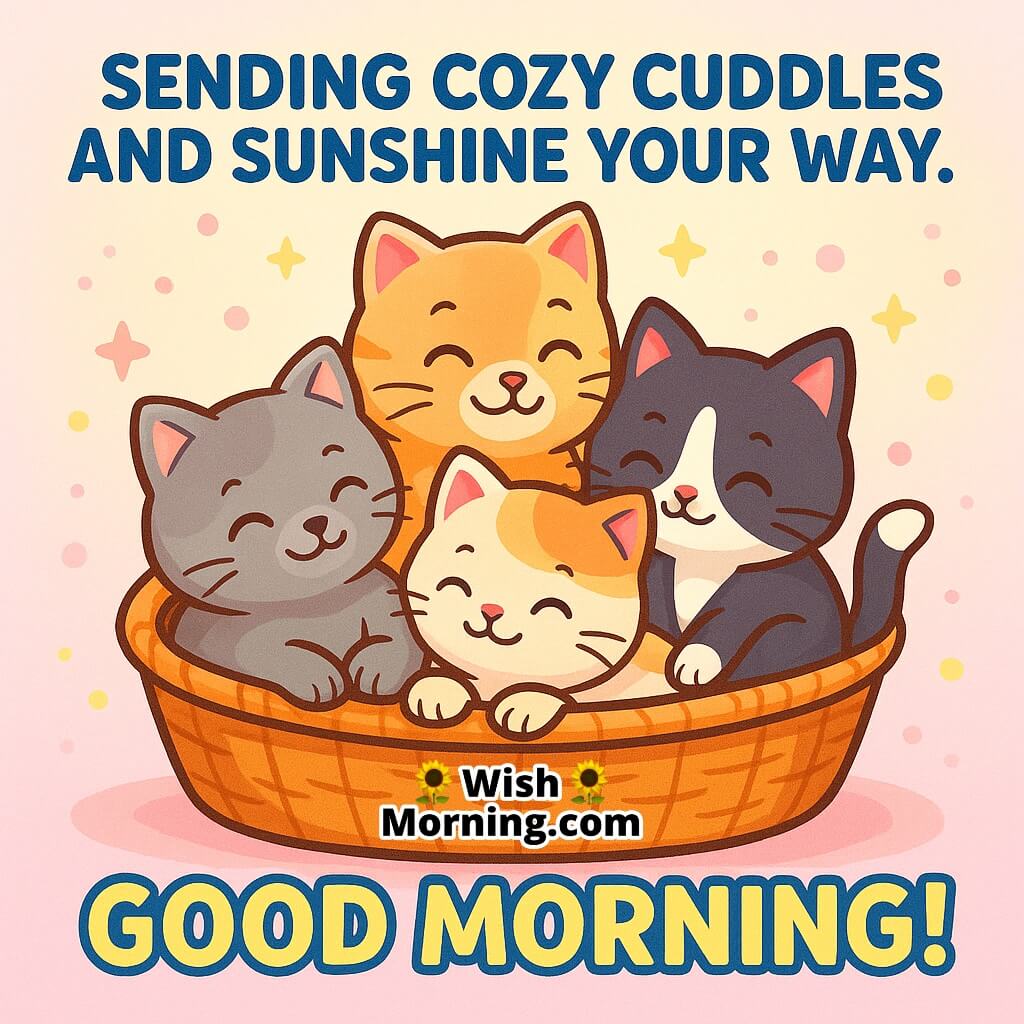 Good Morning image featuring kittens cuddling together in a basket, symbolizing warmth, bonding, and soft mornings