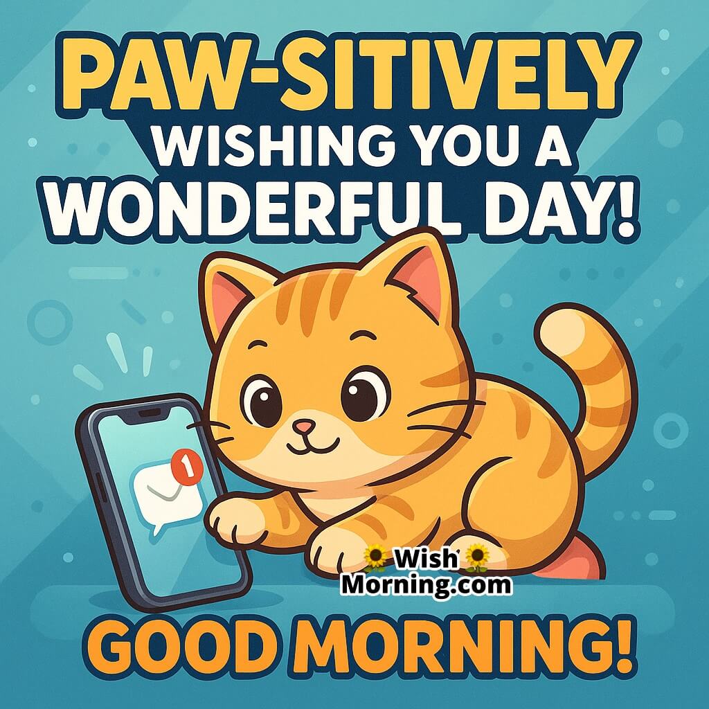 Good Morning image featuring a cat tapping a phone screen with a message alert, symbolizing friendly vibes and thoughtful greetings