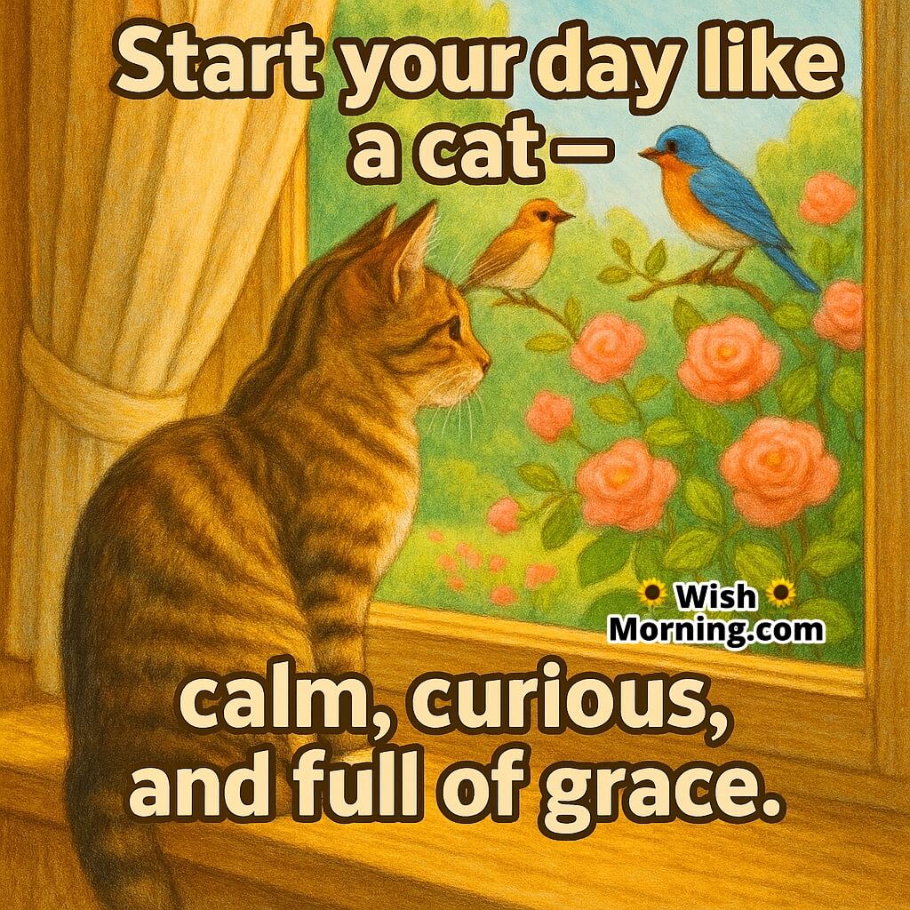 Good Morning image featuring a calm cat watching birds from a window, symbolizing mindfulness and inner peace