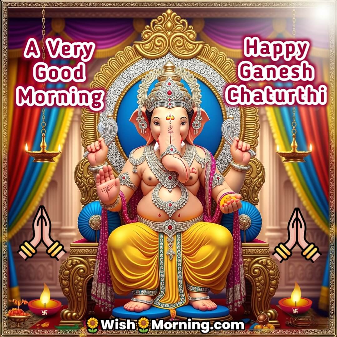 Good Morning Ganesh Chaturthi Image featuring Lord Ganesha seated in a bright decorated Mandap, symbolizing peace, divinity, and wisdom