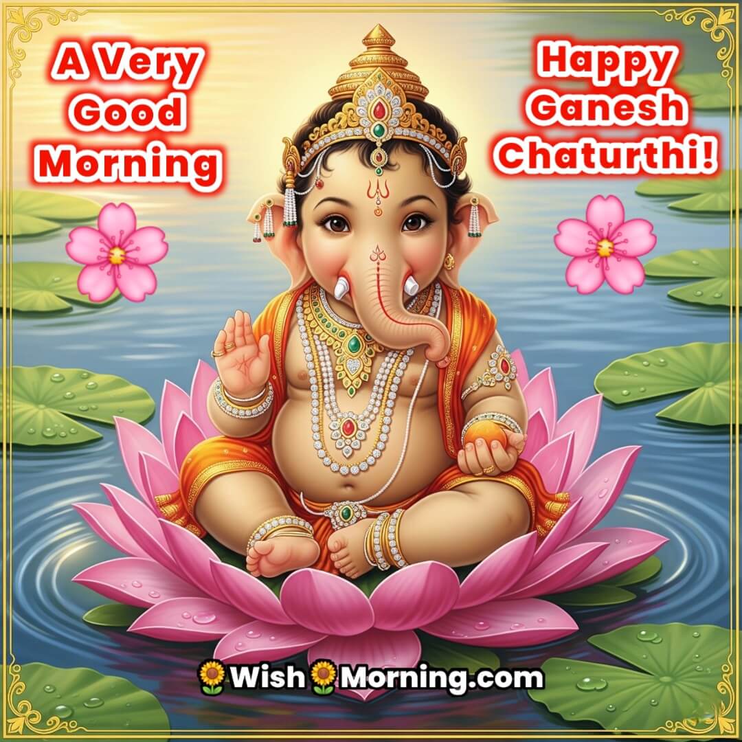 Good Morning Ganesh Chaturthi Image featuring Baby Ganesha sitting on a pink lotus in a misty pond, symbolizing innocence and divine love