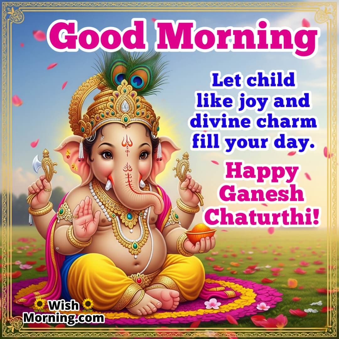Good Morning Ganesh Chaturthi Image featuring Baby Ganesha with peacock feather, symbolizing innocence and divine charm