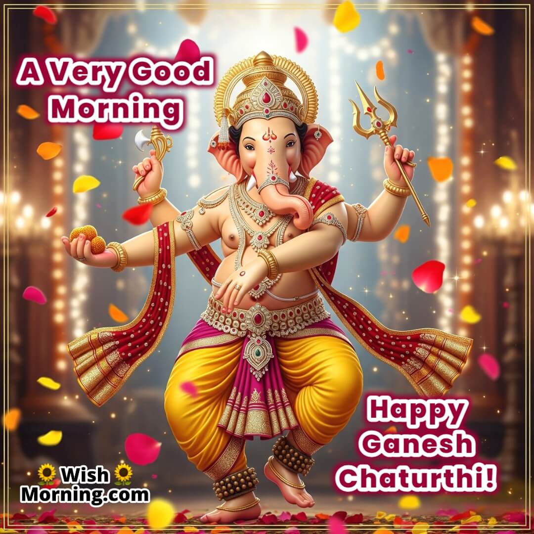 Good Morning Ganesh Chaturthi Image featuring Lord Ganesha in a joyful dancing pose with flying petals, symbolizing divine celebration