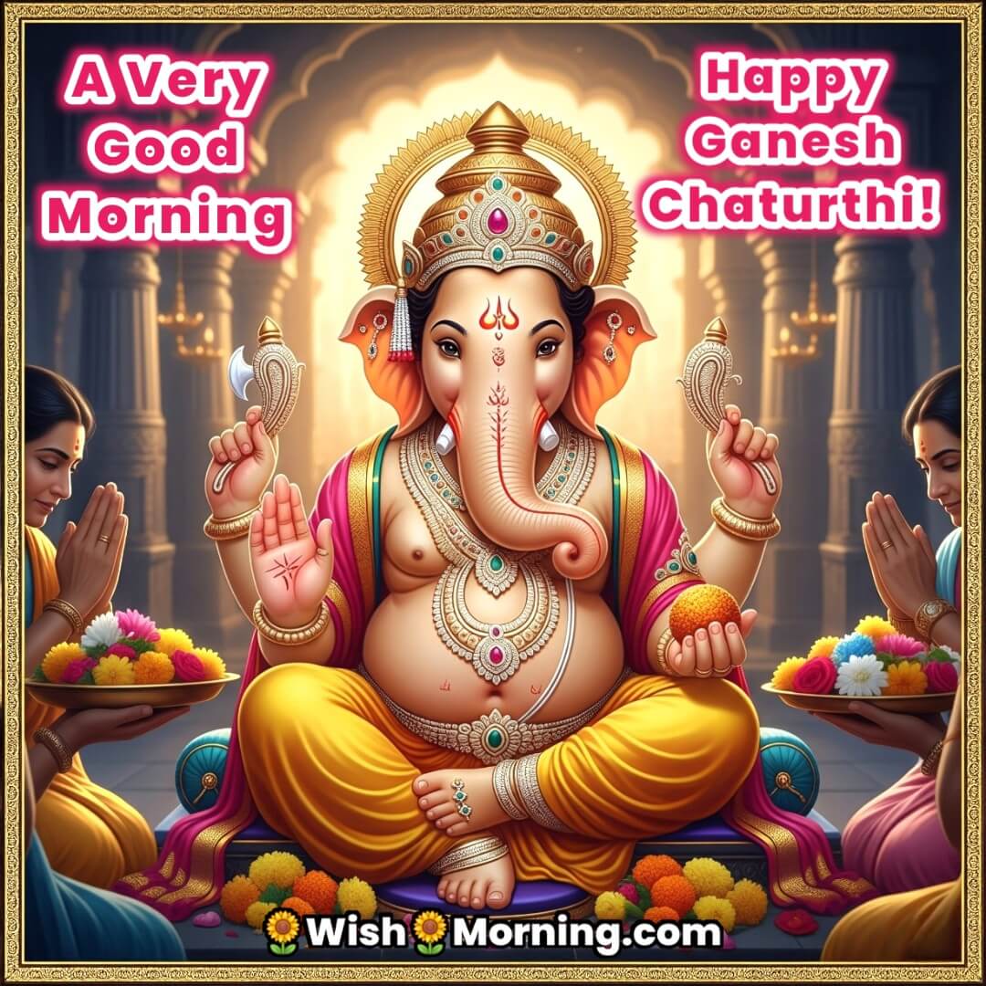Good Morning Ganesh Chaturthi Image featuring Lord Ganesha in a blessing pose with morning prayers and flowers, symbolizing devotion and celebration