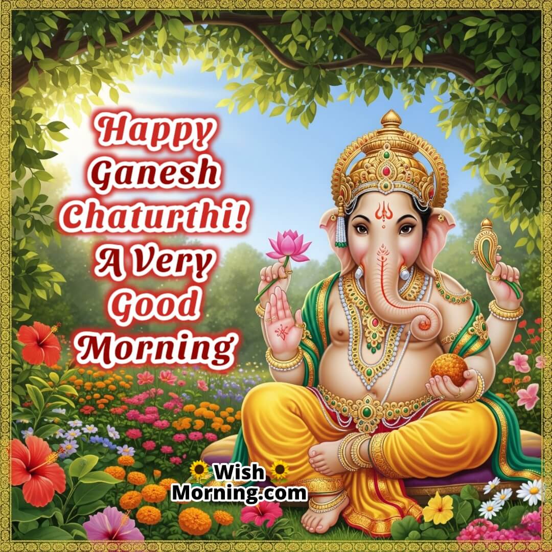Good Morning Ganesh Chaturthi Image featuring Lord Ganesha holding a laddoo and lotus in a vibrant morning garden, symbolizing joy, prosperity, and devotion