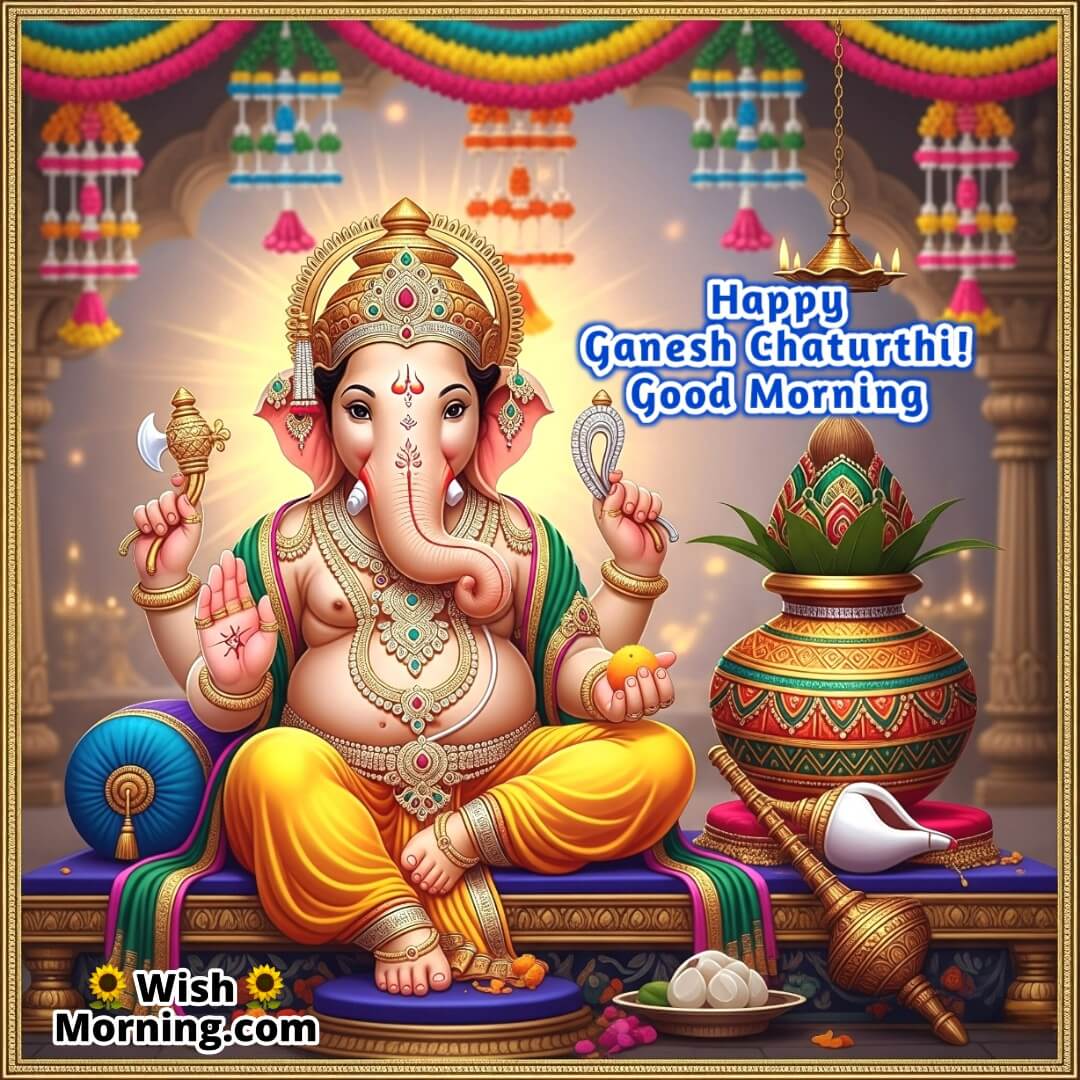 Good Morning Ganesh Chaturthi Image featuring Lord Ganesha beside Kalash and conch, symbolizing auspicious rituals and purity