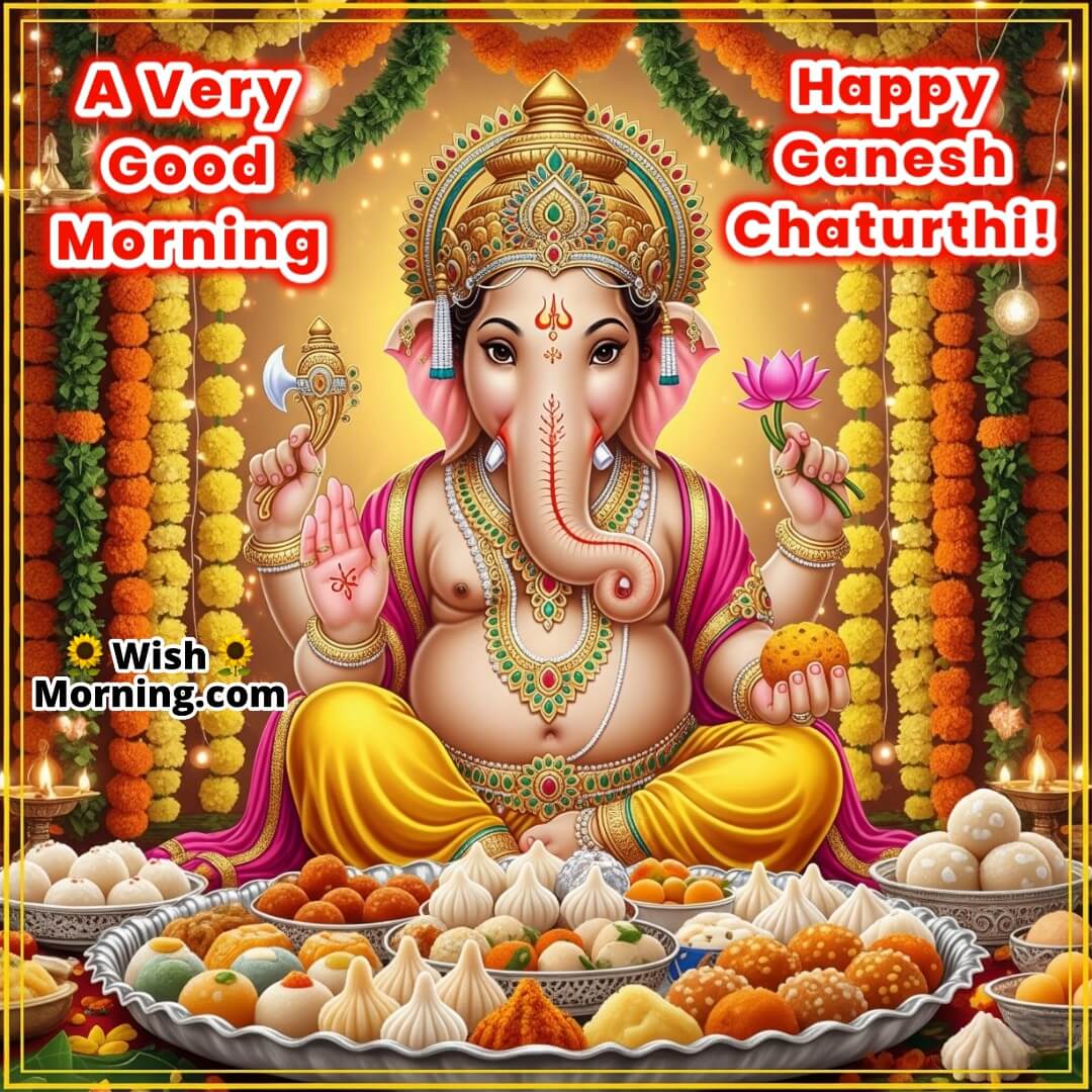Good Morning Ganesh Chaturthi Image featuring Lord Ganesha surrounded by modaks and sweets, symbolizing abundance and festive joy