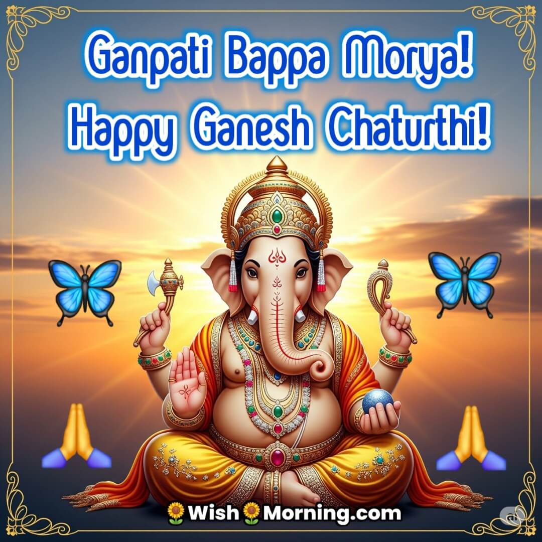 Good Morning Ganesh Chaturthi Image featuring Lord Ganesha with rising sun behind him, symbolizing new beginnings and spiritual radiance