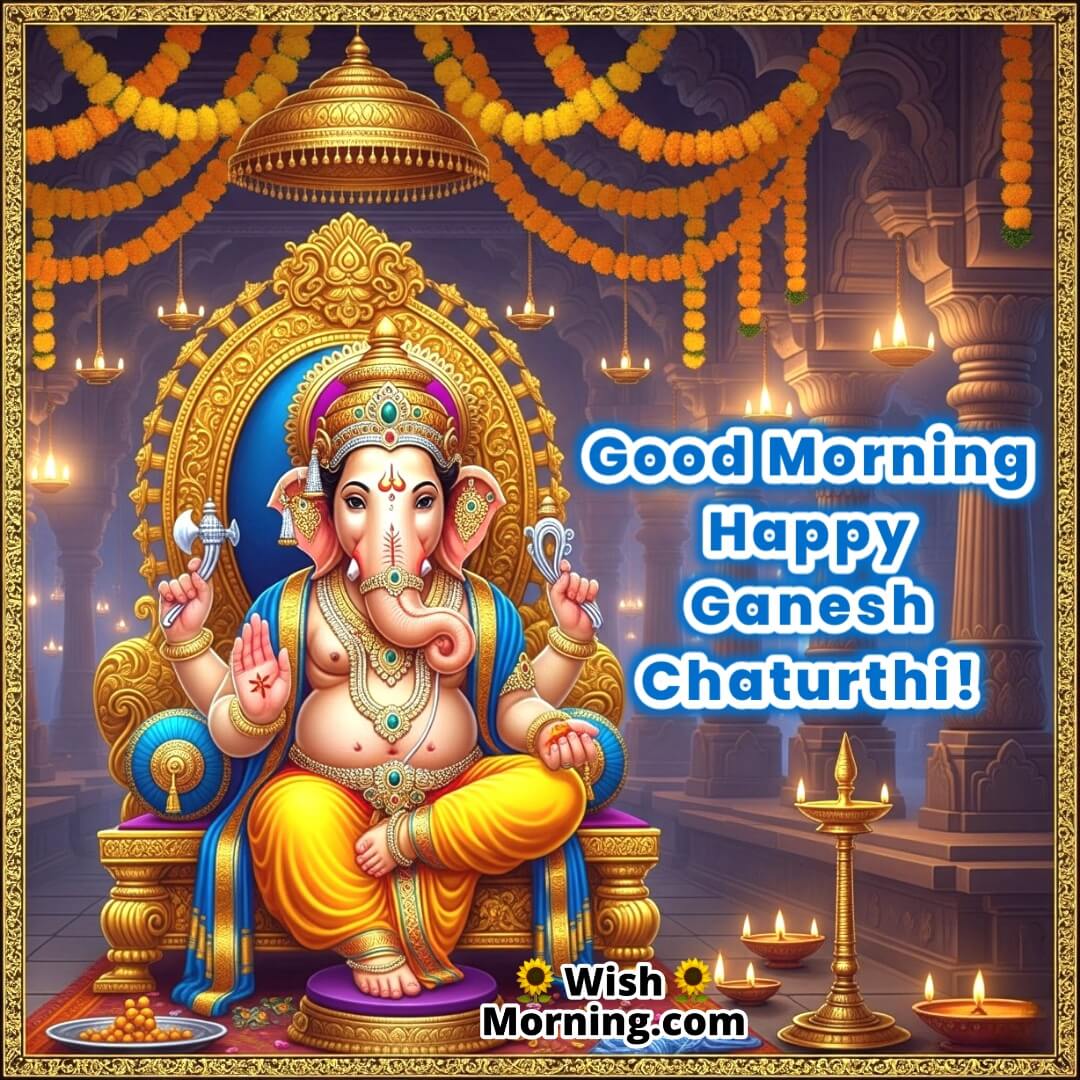 Good Morning Ganesh Chaturthi Image featuring Lord Ganesha seated on a golden throne in a decorated temple, symbolizing divine blessings and new beginnings